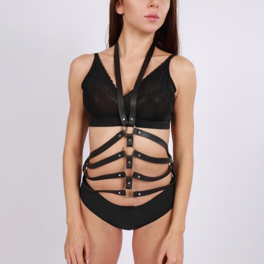 STD Harness cu Inele Piele Ecologica Negru S-L
