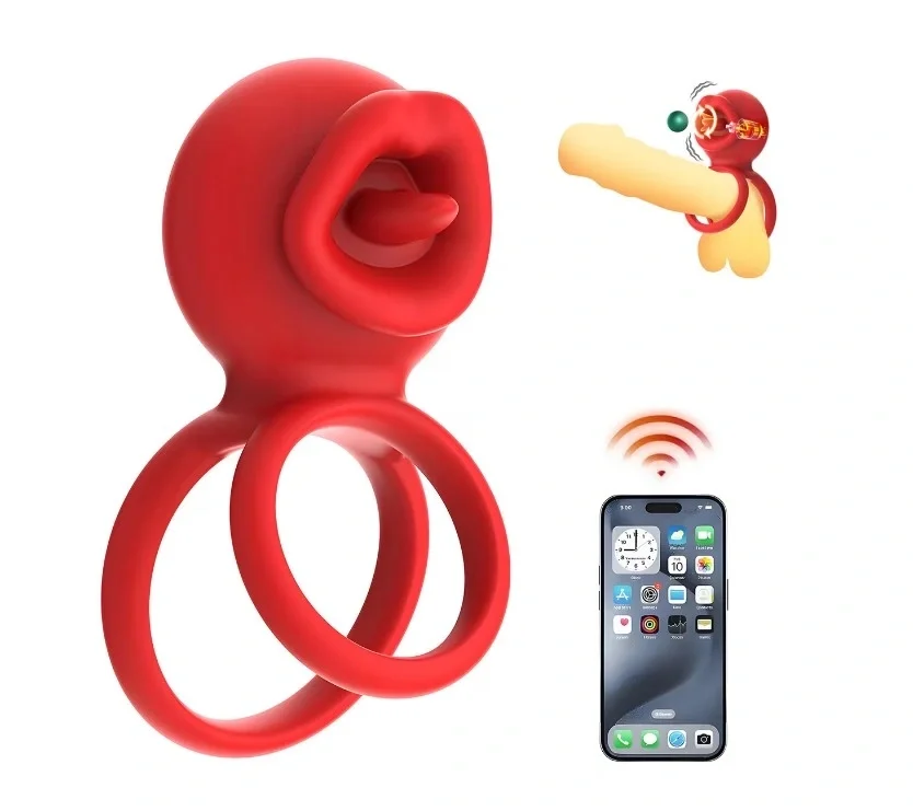 STD Inel de Penis Tongue Licking Control Bluetooth Aplicatie Mobila Silicon USB Rosu