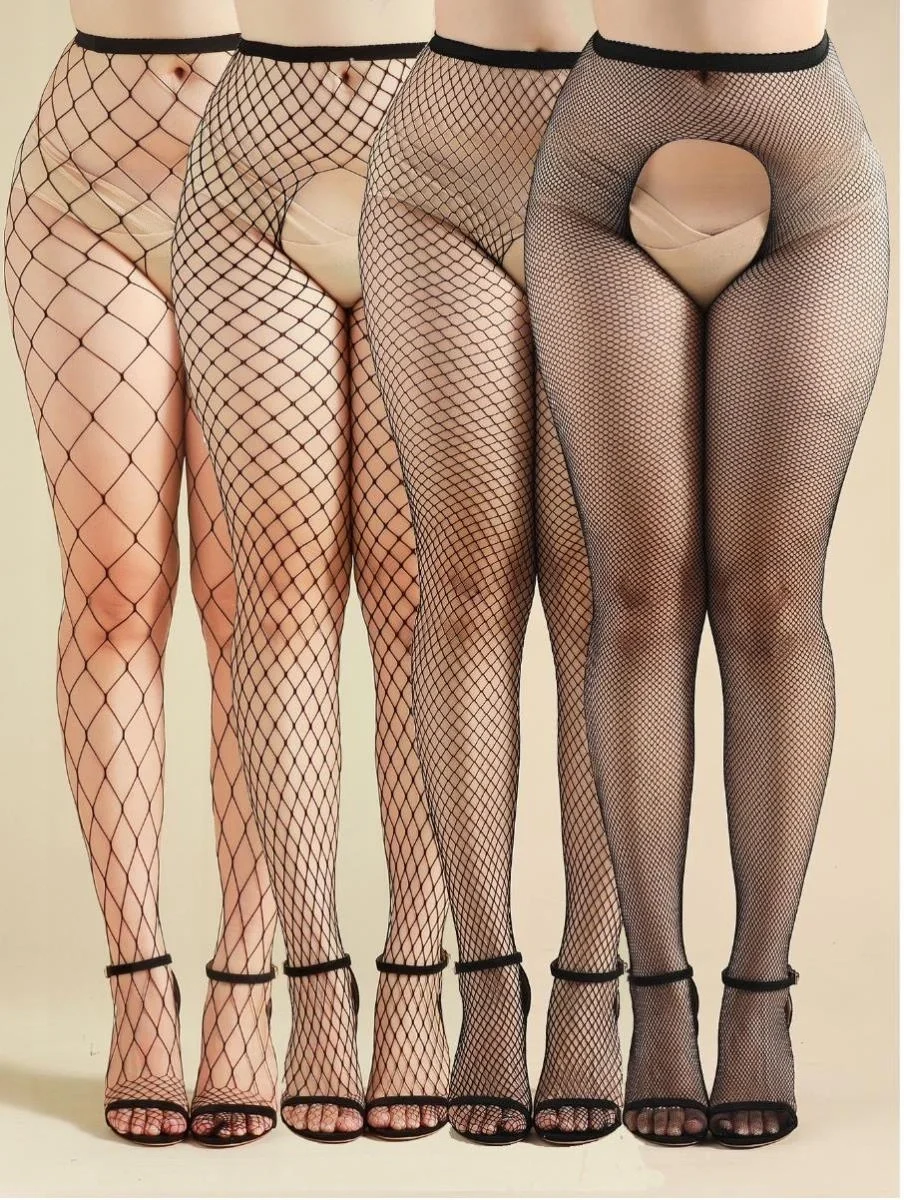STD Set 4 Ciorapi Crotchless din Plasa Negru S-L