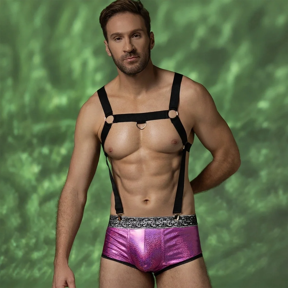 STD Set Lenjerie pentru Barbati Boxeri si Harness Mov Metalizat S/M