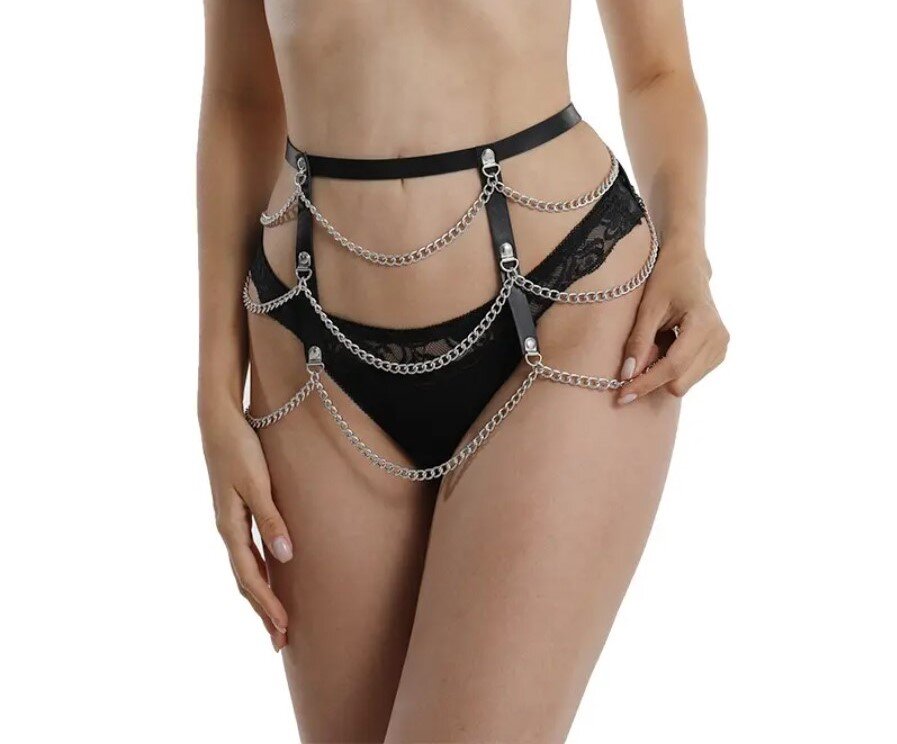 STD Sistem Harness Belt cu Lanturi Piele Ecologica Negru S-L