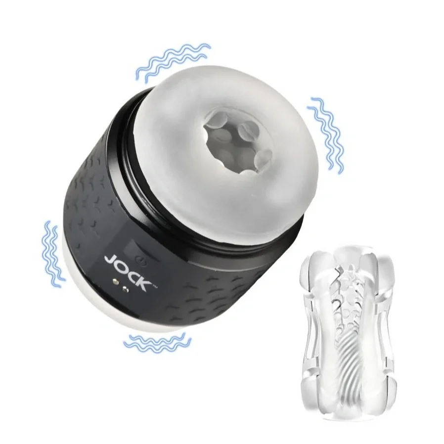 XR Brands Masturbator Dublu Jock 10 Functii Vibratii TPE USB Transparent 12 cm