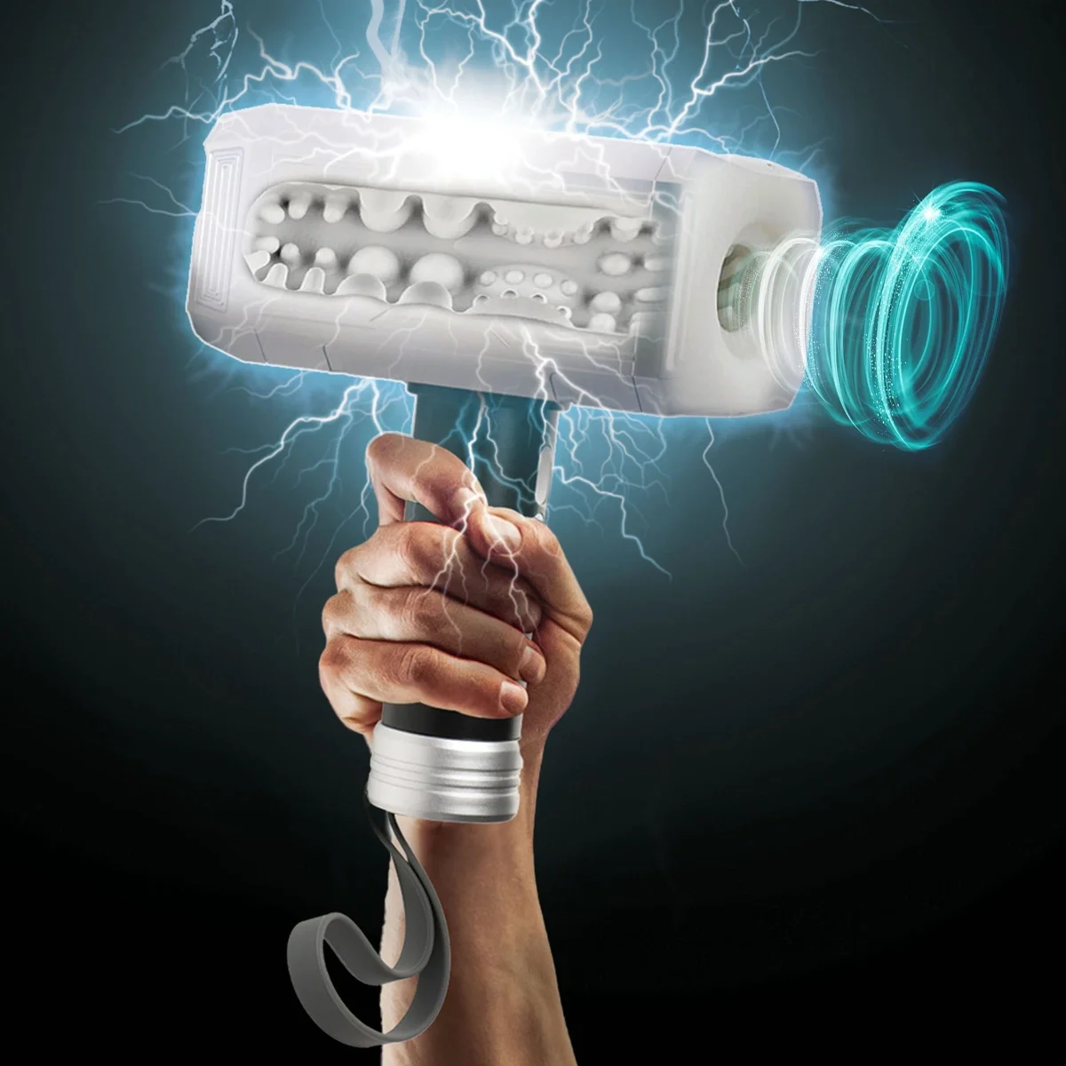 XR Brands Masturbator Thunder Stroker Thors Hammer Sucking&Vibrating TPE USB Alb/Negru 23.1 cm