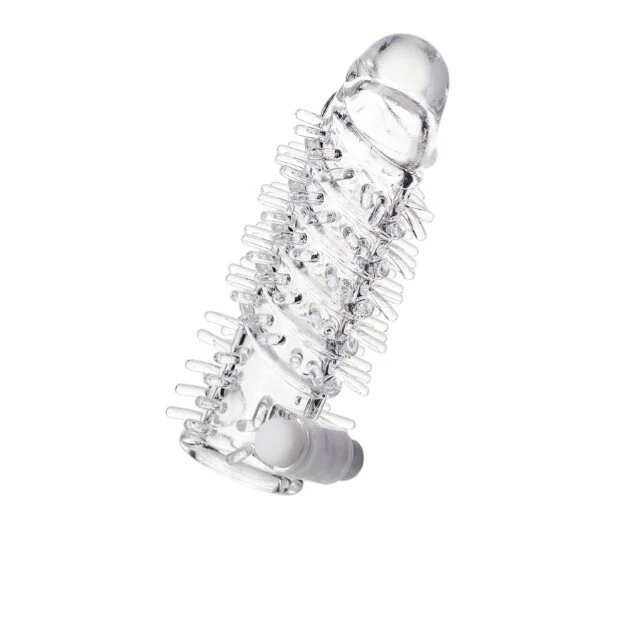 A-toys Manșon Fril cu mini vibrator pentru extensia și îngroșarea penisului texturat cu striații transparent 13.4 cm