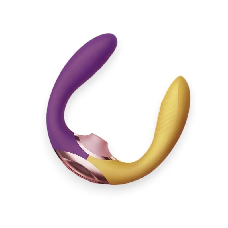ACTION Stimulator 3 în 1 Two Lovers design ergonomic 10 funcții de vibrație 7 moduri de mișcare 7 moduri de stimulare cu aer galben și mov 11.7 cm