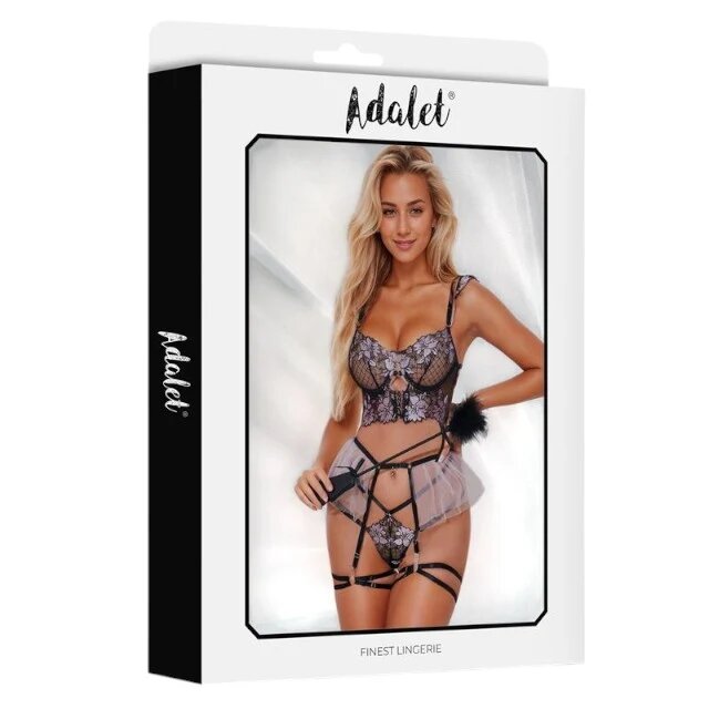 ADALET Lenjerie sexy 4 piese Caroline cu sutien tip corset chilot tanga portjartier și jartiere negru cu mov mărime S/M