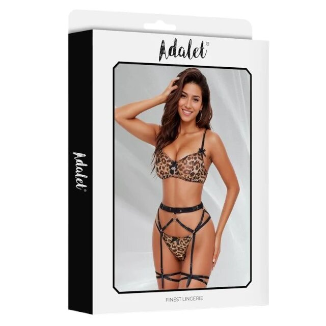 ADALET Lenjerie sexy 4 piese HELENA cu sutien chilot tanga ham și portjartier model cu animal print leopard mărimea L-XL model HELENA