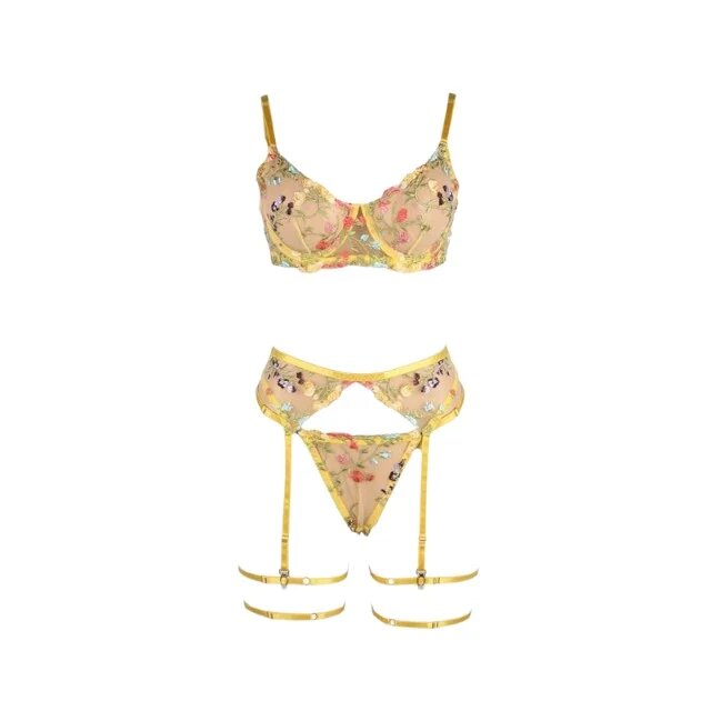 ADALET Lenjerie sexy 4 piese Zoey Sutien + Chilot tanga + Portjartier + Jartiere galben cu dantelă florală mărime L/XL
