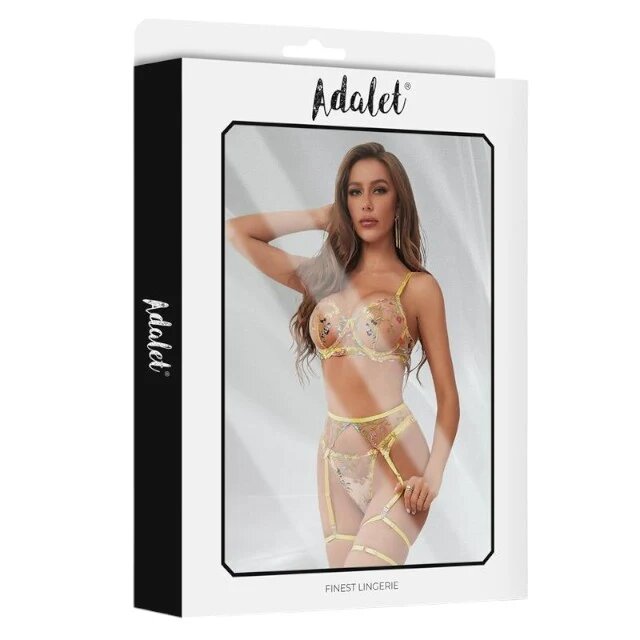 ADALET Lenjerie sexy 4 piese Zoey Sutien + Chilot tanga + Portjartier + Jartiere galben cu dantelă florală mărime L/XL
