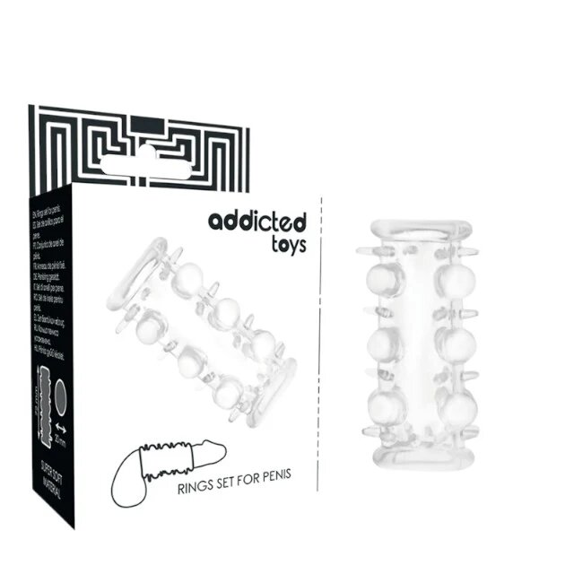 ADDICTED TOYS Manșon pentru penis Rings Set For Penis pentru îngroșare și stimulare textură cu bile și puncte lungime 7.2 cm transparent