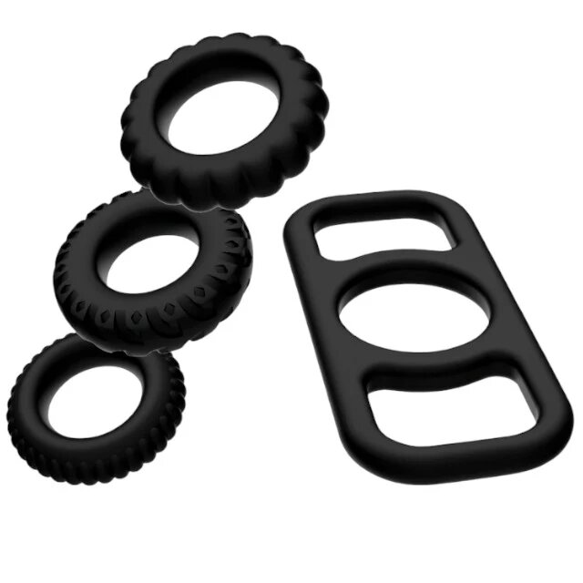 ADDICTED TOYS Set 4 inele pentru penis Cock Ring Set din silicon flexibil diametre progresive 2.1 - 2.8 cm negru