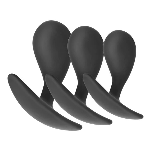 ADDICTED TOYS Set plug anal Anal Plug Set mărimi S M L 3 dopuri de dimensiuni progresive lungimi 5.4 cm 6.6 cm 7.3 cm culoare negru