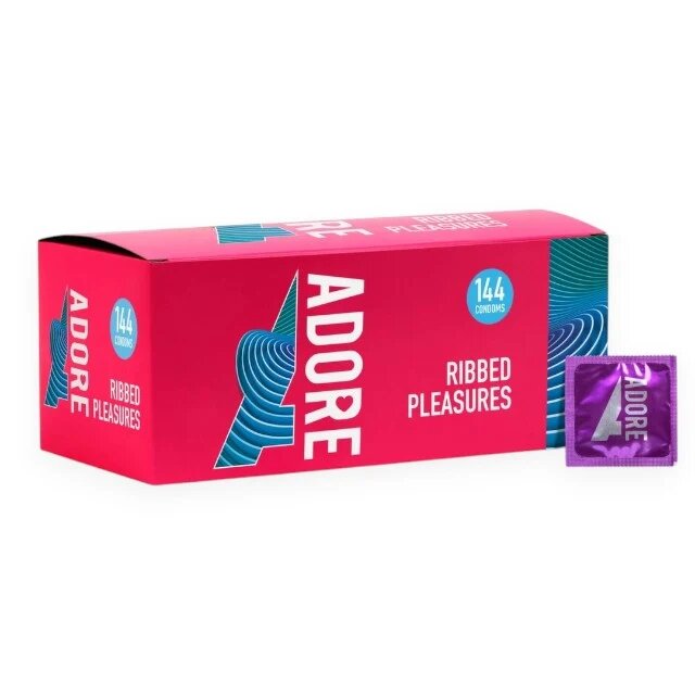 ADORE Prezervative Ribbed Pleasure cu nervuri reliefate pe lungime din latex lubrifiate 52 ± 2 mm 144 buc
