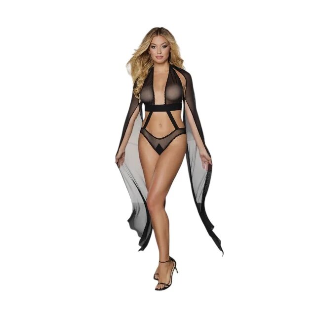 ALLURE Lenjerie sexy teddy Crazy in Love body cu mâneci diafane din plasă culoarea negru mărime universală