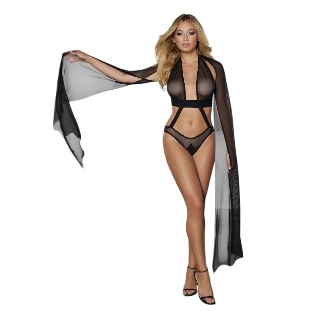 ALLURE Lenjerie sexy teddy Crazy in Love body cu mâneci diafane din plasă culoarea negru mărime universală