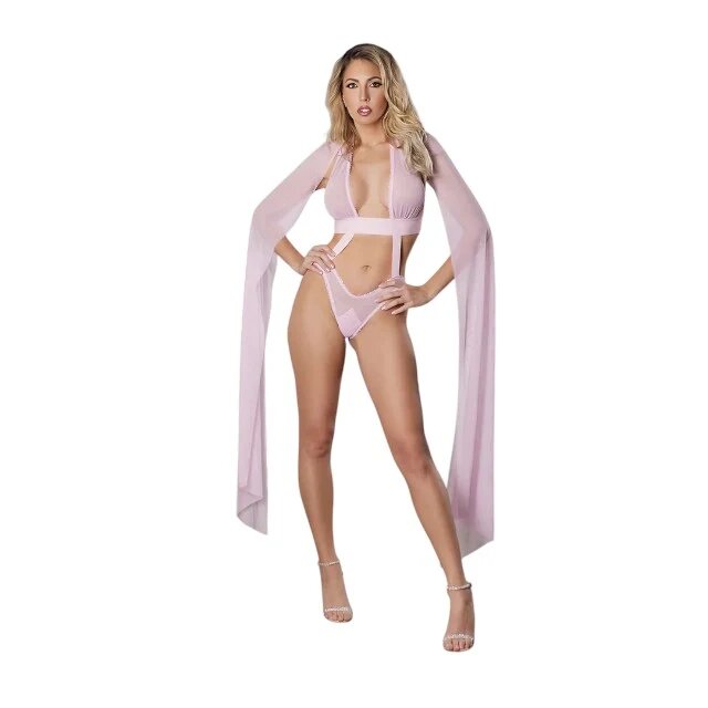 ALLURE Lenjerie sexy teddy Crazy in Love body cu mâneci diafane din plasă culoarea roz mărime universală
