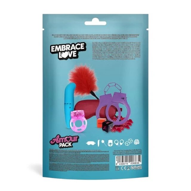 AMOUR PACK Set erotic Embrace Love cu stimulator inel pentru penis vibrator mască cătușe zaruri pană pentru stimulare și petale pentru cupluri