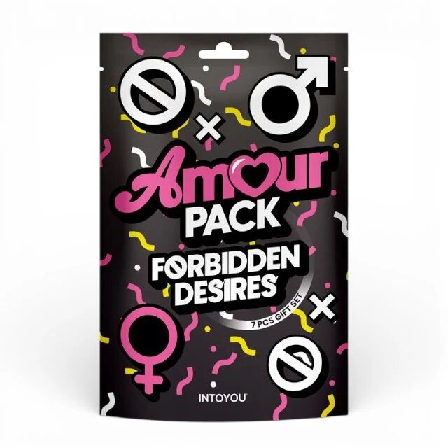 AMOUR PACK Set erotic Forbidden Desire cu stimulator inel pentru penis vibrator mască cătușe zaruri pană pentru stimulare și petale pentru cupluri