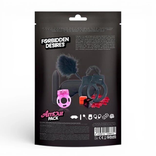 AMOUR PACK Set erotic Forbidden Desire cu stimulator inel pentru penis vibrator mască cătușe zaruri pană pentru stimulare și petale pentru cupluri