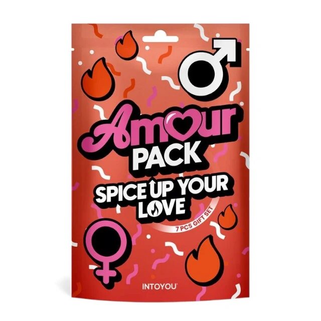 AMOUR PACK Set erotic Spice Up Your Love cu stimulator inel pentru penis vibrator mască cătușe zaruri pană pentru stimulare și petale pentru cupluri