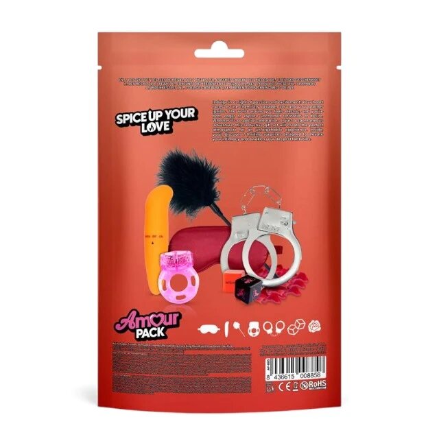 AMOUR PACK Set erotic Spice Up Your Love cu stimulator inel pentru penis vibrator mască cătușe zaruri pană pentru stimulare și petale pentru cupluri