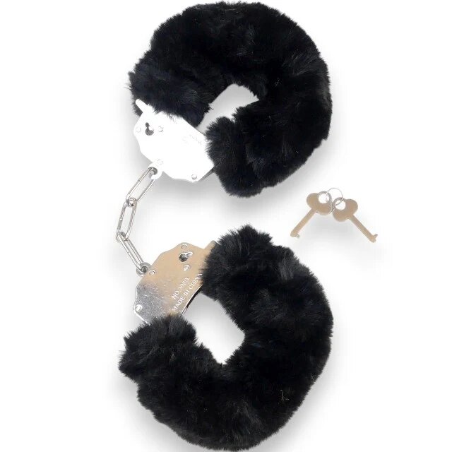 B-SERIES Cătușe pufoase Furry Cuffs pentru jocuri erotice BDSM din metal cu blană artificială culoare negru cu argintiu
