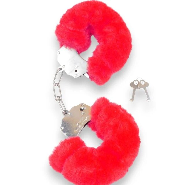 B-SERIES Cătușe pufoase Furry Cuffs pentru jocuri erotice BDSM din metal cu blană artificială culoare roșu cu argintiu