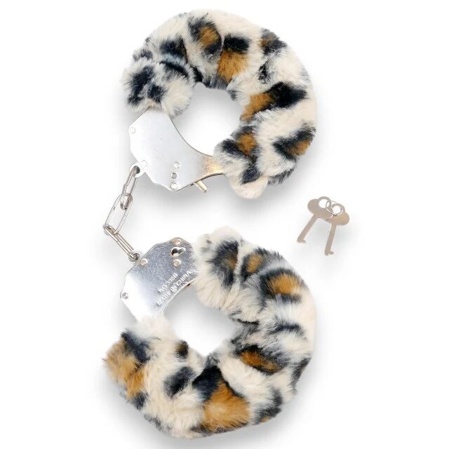 B-SERIES Cătușe pufoase Furry Cuffs pentru jocuri erotice BDSM din metal cu blană artificială design leopard cu argintiu