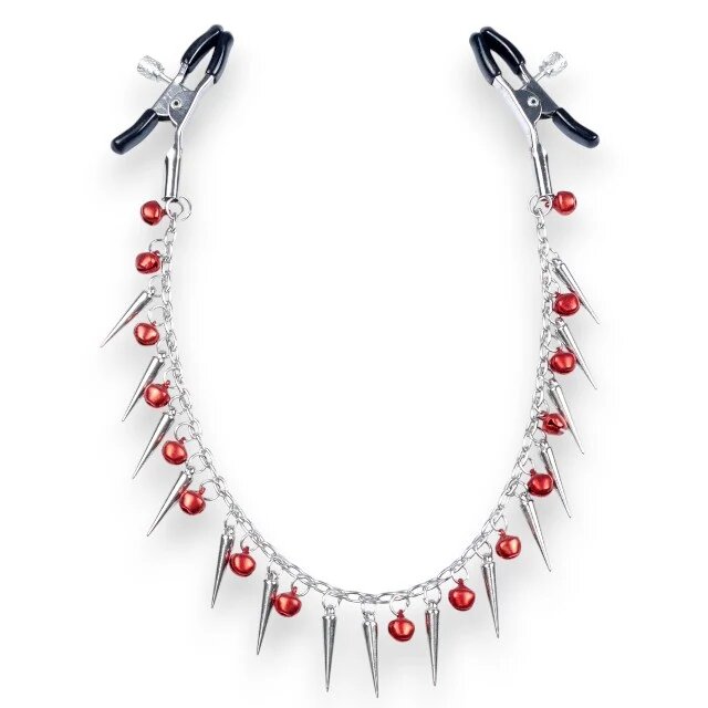 B-SERIES Cleme pentru sfârcuri Exclusive Nipple Clamps design cu lanț țepi și clopoței argintiu cu roșu (61-00011)