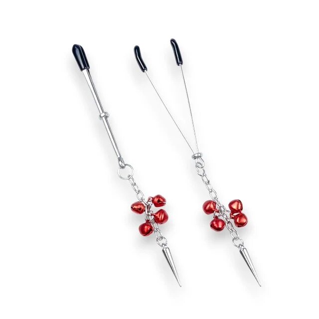 B-SERIES Cleme pentru sfârcuri Exclusive Nipple Clamps design cu țepi și clopoței argintiu cu roșu (61-00012)
