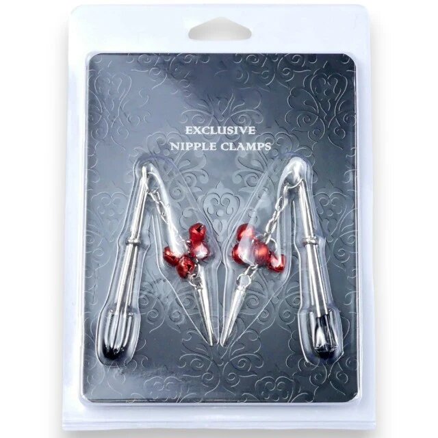 B-SERIES Cleme pentru sfârcuri Exclusive Nipple Clamps design cu țepi și clopoței argintiu cu roșu (61-00012)