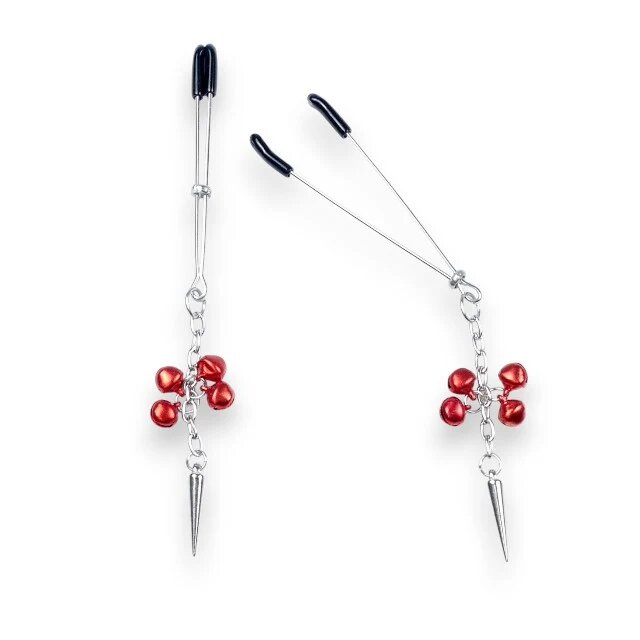B-SERIES Cleme pentru sfârcuri Exclusive Nipple Clamps design cu țepi și clopoței argintiu cu roșu (61-00012)