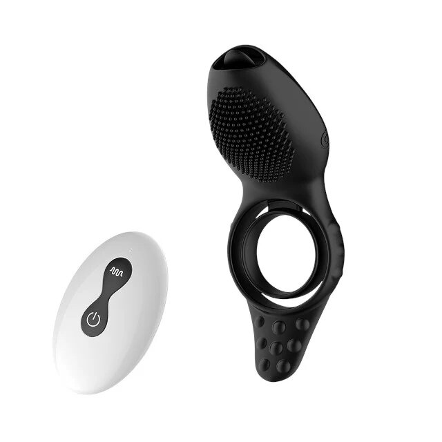 B-SERIES Inel pentru penis Penis Ring Licking Vibrations cu telecomandă și stimulator cu funcție de simulare sex oral negru