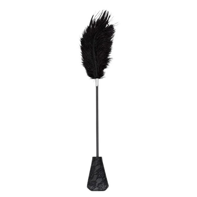 B-SERIES Paletă cu puf de gâdilat Fetish Feather Crop pentru jocuri erotice BDSM design cu dantelă culoare negru