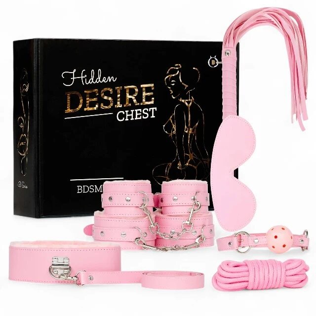 B-SERIES Set 7 accesorii BDSM Hidden Desire Chest cu cătușe zgardă căluș frânghie bici și mască de ochi culoare roz