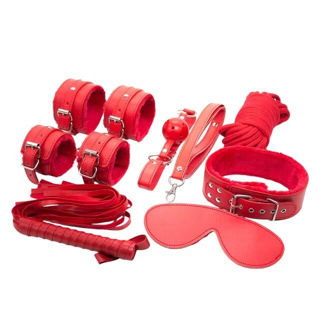 B-SERIES Set bondage FETISH Hidden Desire pentru jocuri erotice BDSM 8 accesorii din piele ecologică culoare roșu cu argintiu