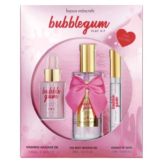 Bijoux Indiscrets Set cadou erotic Bubblegum Play Kit cu ulei de masaj și luciu de buze pentru sex oral