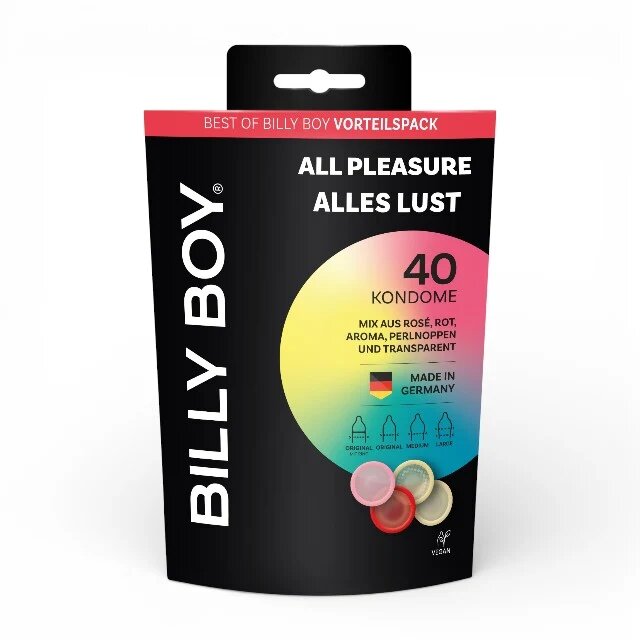 BILLY BOY Prezervative All Pleasure cu 7 modele de prezervative clasice colorate aromate și cu inel integrat 40 bucăți