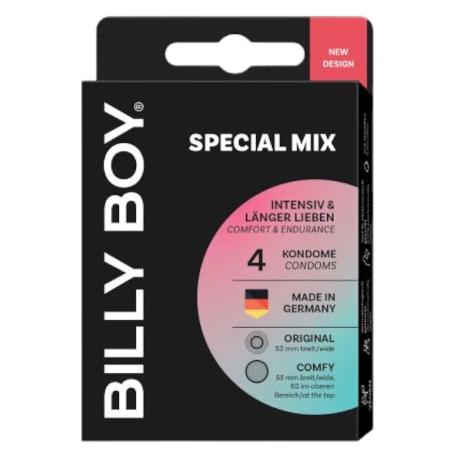 BILLY BOY Prezervative Special Mix din latex natural lubrifiate și rezistente diametru 52 / 55-62 mm transparente 4 buc