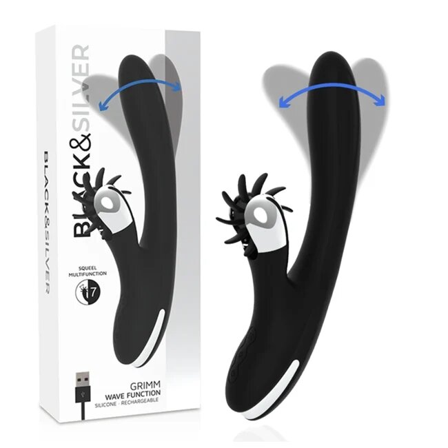BLACK & SILVER Vibrator cu rotatie BLACK&SILVER - BUNNY GRIMM WAVE soft silicon negru 7 moduri de stimulare a clitorisului