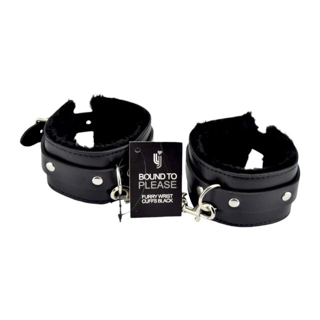 BOUND TO PLEASE Catuse erotice - Plush Wrist Cuffs din piele cu puf pentru o purtare conforabila Neagra