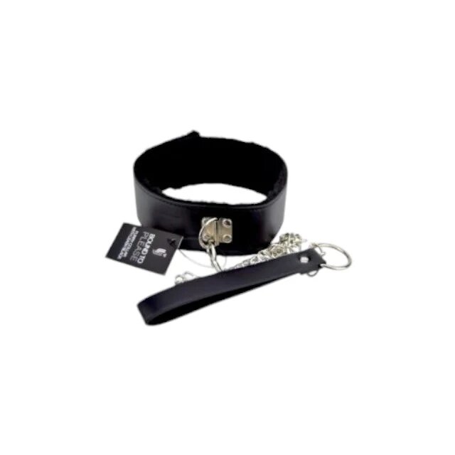 BOUND TO PLEASE Colier cu lesa - Furry Collar din piele cu lant metalic Neagra