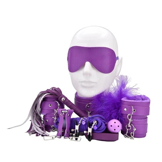 BOUNT TO PLAY Set 11 accesorii bondage Beginner's Bondage Kit mască cătuse bici frânghie mască clești sfârcuri mov