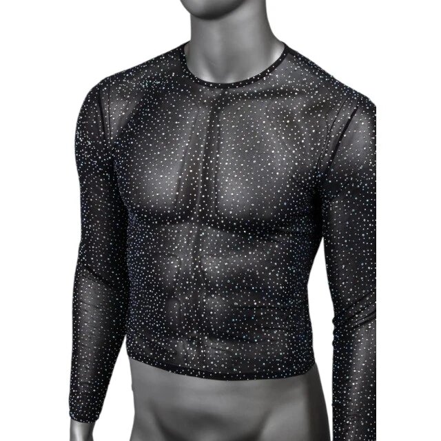 CALEXOTICS Bluză sexy bărbați Radiance Long Sleeve Shirt design din plasă cu strasuri negru mărime universală (20-3)