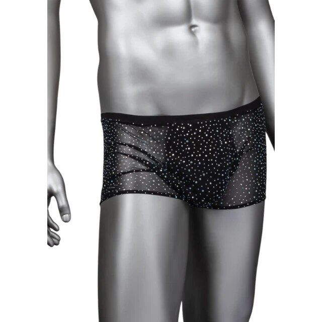 CALEXOTICS Boxeri sexy Radiance Boxer Briefs lenjerie erotică pentru bărbați din plasă cu strasuri negru mărime universală (50-3)