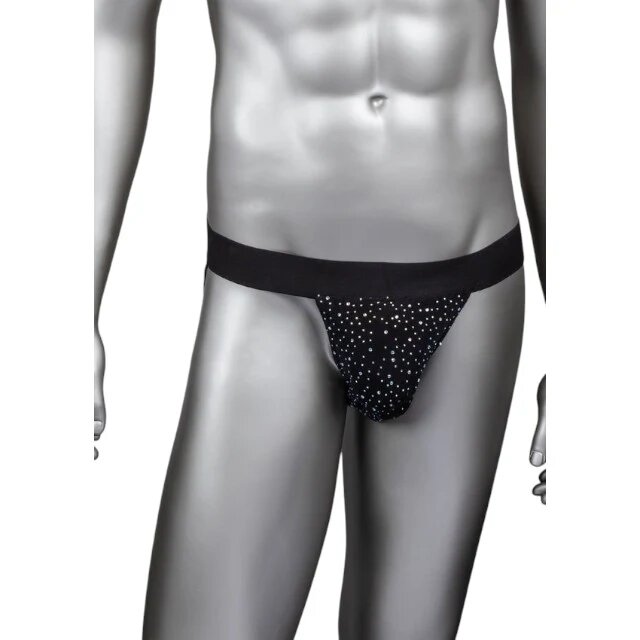 CALEXOTICS Chilot sexy bărbați Radiance Jock Strap cu benzi subțiri pe fese design din plasă cu strasuri negru mărime universală (40-3)