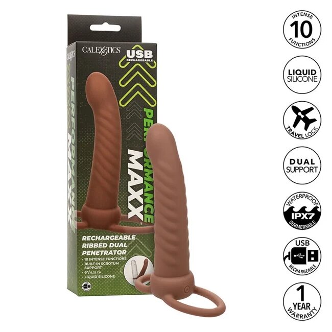 CALEXOTICS Strap-On - MAXX RIBBED pentru dubla penetrare 10 functii de vibrare 15 cm maro