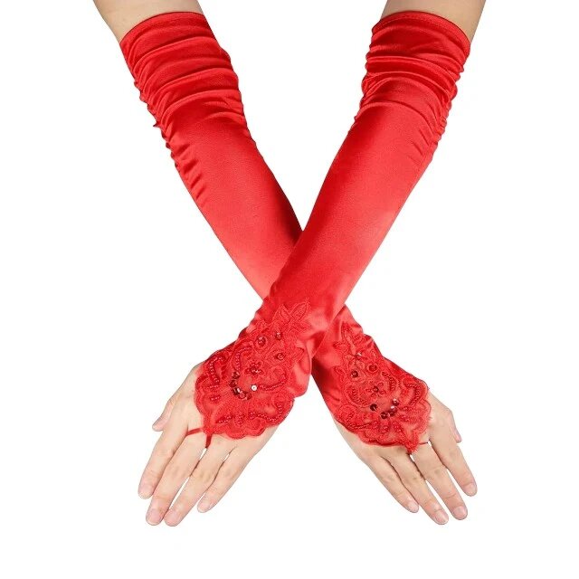 Chilirose Mănuși erotice Gloves Red din satin decorate cu volane broderie perle și cristale strălucitoare culoare roșu (CR 4677)