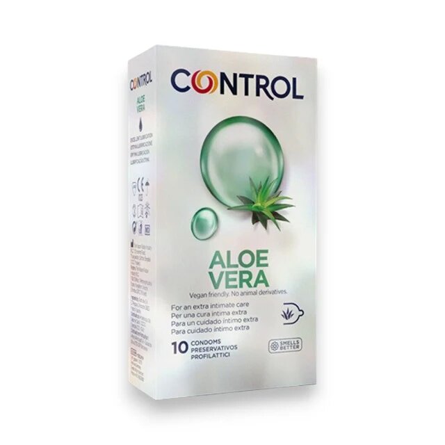 CONTROL Prezervative Aloe Vera din latex vegane cu Aloe Vera lubrifiate diametru 54 mm 10 buc