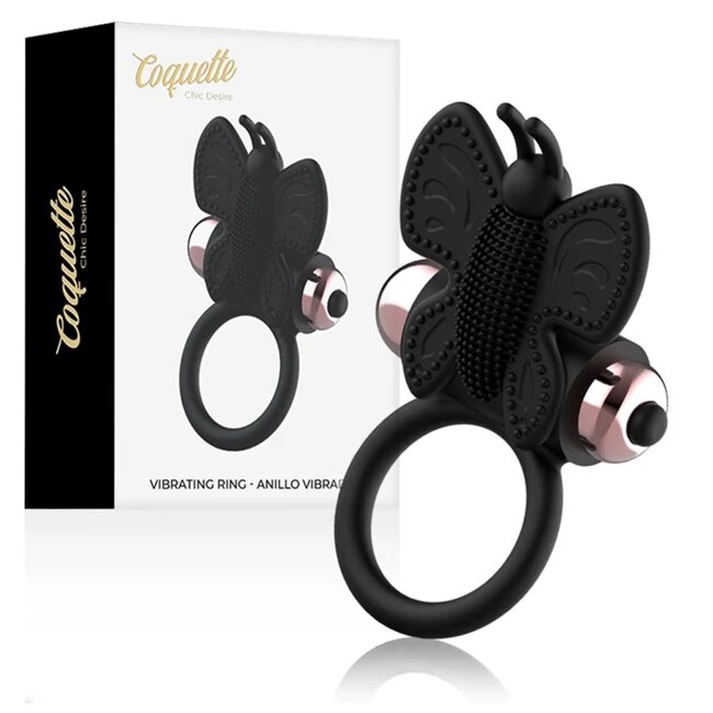 COQUETTE Inel vibrator pentru penis TOYS - Butterfly cock ring pentru imbunatatirea performantelor sexuale si stimularea clitorisului din silicon negru